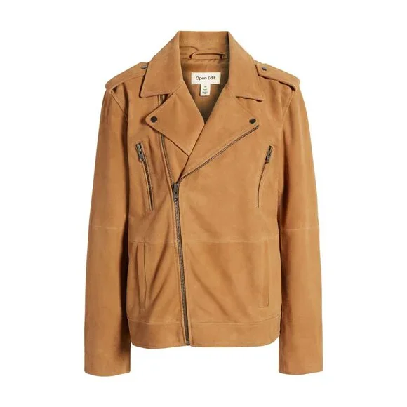 🆕OPEN EDIT from Nordstrom Suede Leather Moto Jacket Medium Camel Brown - Picture 5 of 12